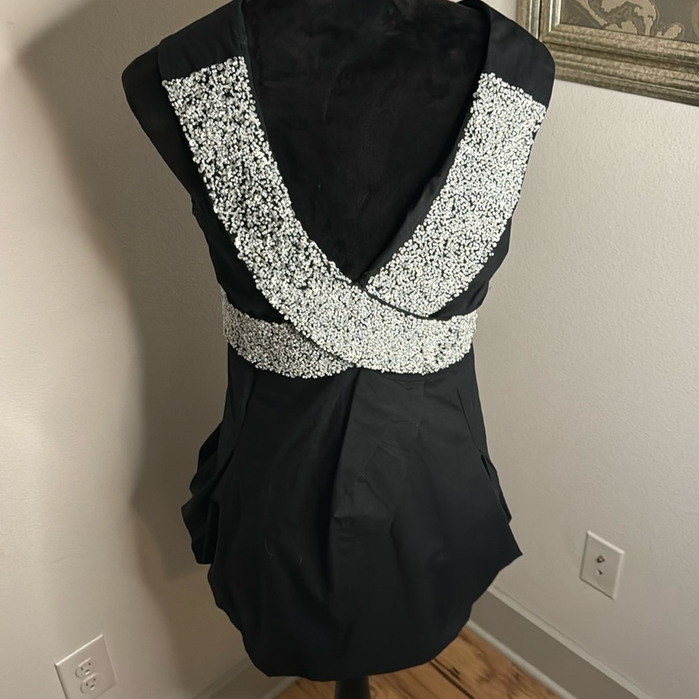 Religion black crossed front balloon draped sides white beaded mini dress Sz‎ M